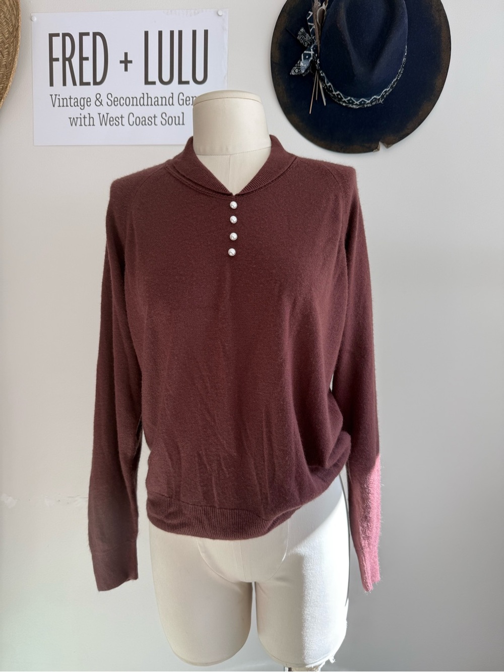 Designers Originals Brown Crewneck Sweater with Pearl Buttons